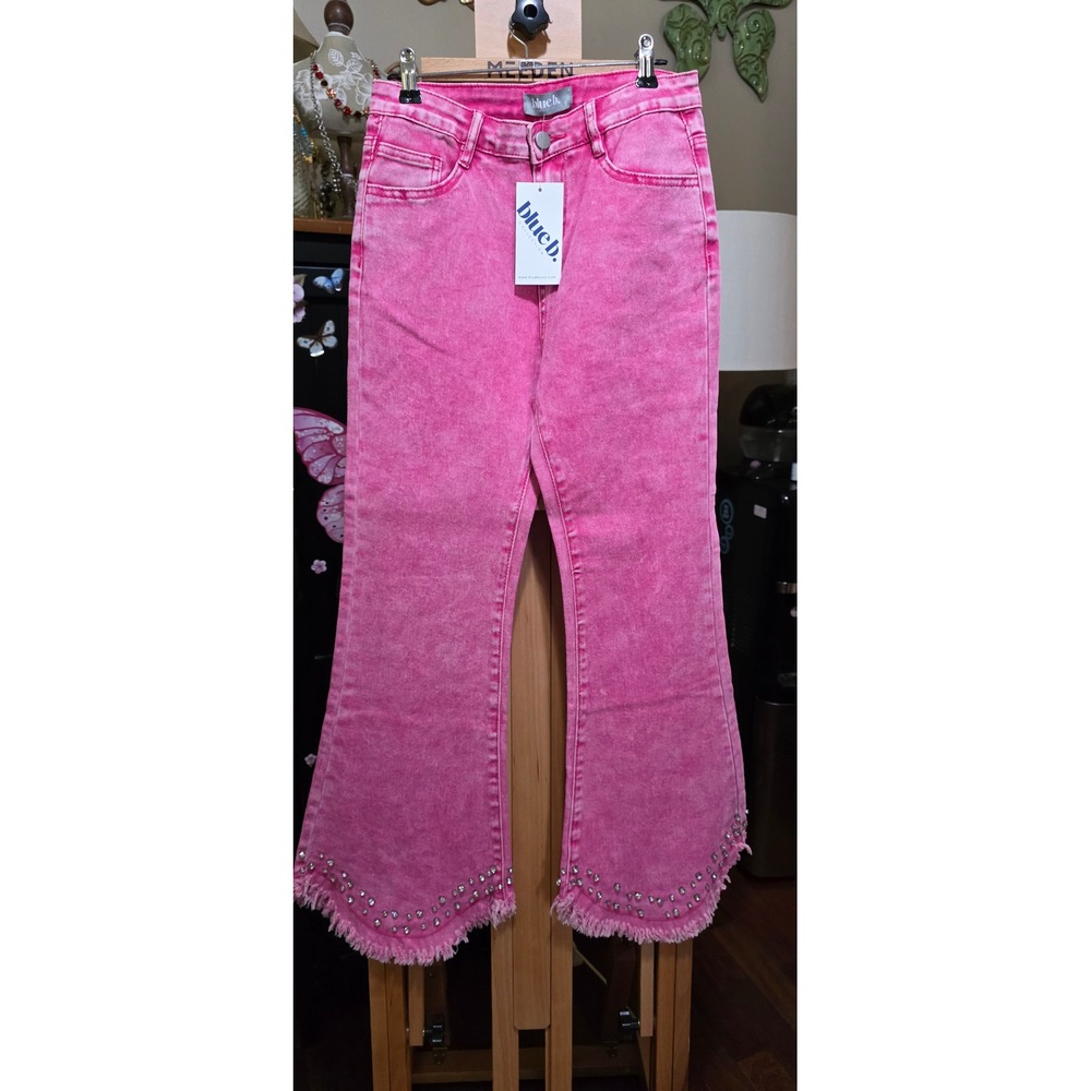 Blue B Collection Pink Acid Wash Rhinestone Frayed Hem Flare Jeans Small NWT
